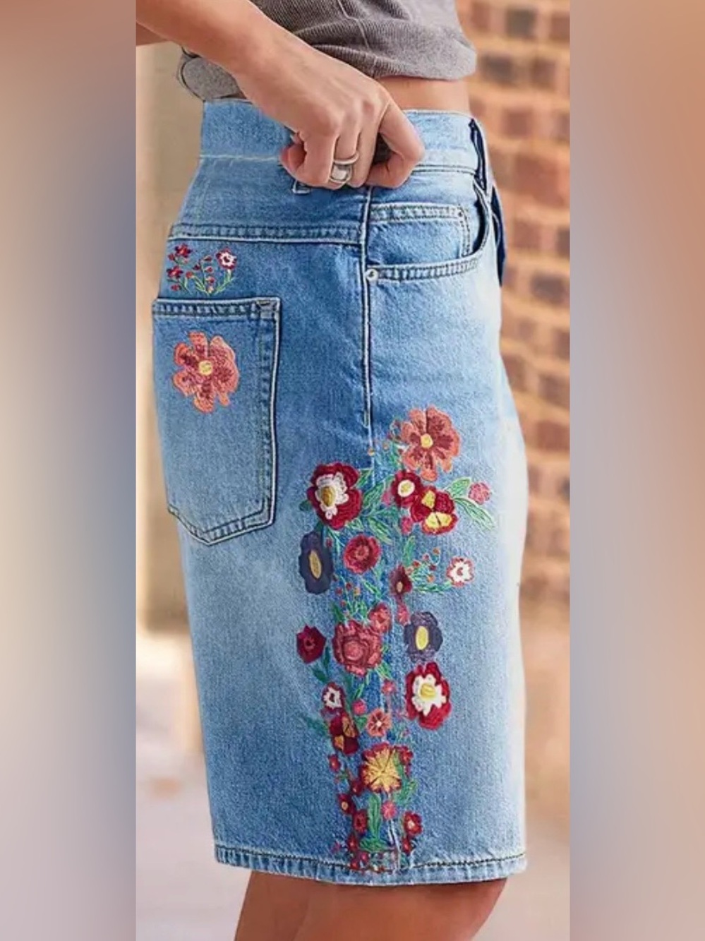 Flamingals Floral Embroidery Mid Rise Denim Bermuda Shorts